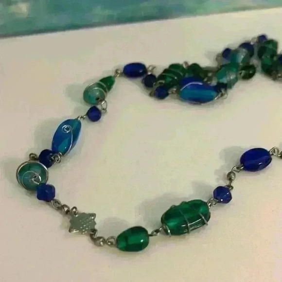 Blue Green Long Vintage Beaded Silver Tone Glass Necklace 30” - Picture 9 of 13